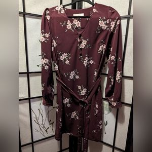 LOFT Cranberry Floral V Neck Long Sleeve Dress